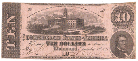 T-52 Dec. 2 1862 $10 Confederate States of America (C.S.A.) PF-1/Cr.369 - Very Fine