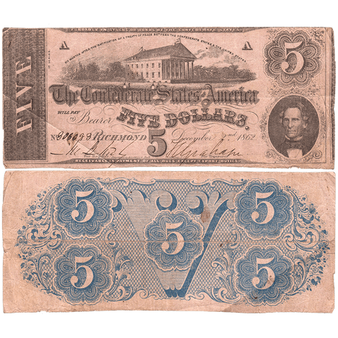 T-53 Dec. 2 1862 $5 Confederate States of America (C.S.A.) PF-9/Cr.379 - Fine