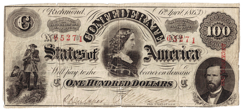 T-56 Apr. 6 1863 $100 Confederate States of America (C.S.A.) PF-3/Cr.402 ~ Net Fine