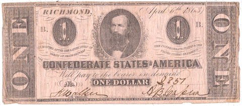 T-62 Apr. 6 1863 $1 Confederate States of America (C.S.A.) PF-1/Cr.474 ~ Fine/Very Fine