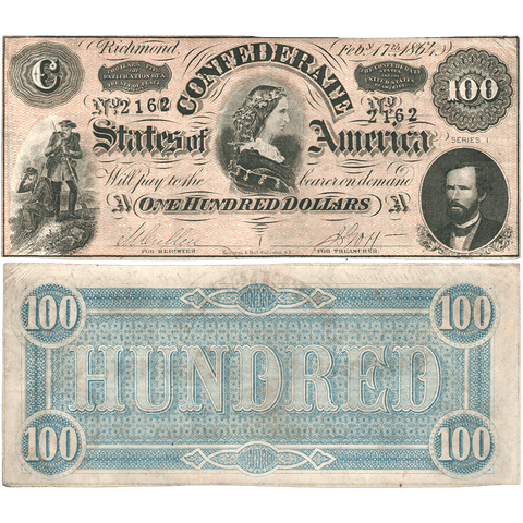 T-65 Feb. 17 1864 $100 Confederate States of America (C.S.A.) PF-2/Cr.493 ~ About Uncirculated