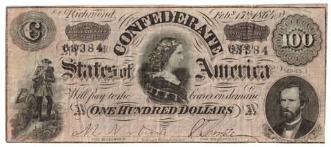 T-65 Feb. 17 1864 $100 Confederate States of America (C.S.A.) PF-2/Cr.493 ~ Crisp Very Fine