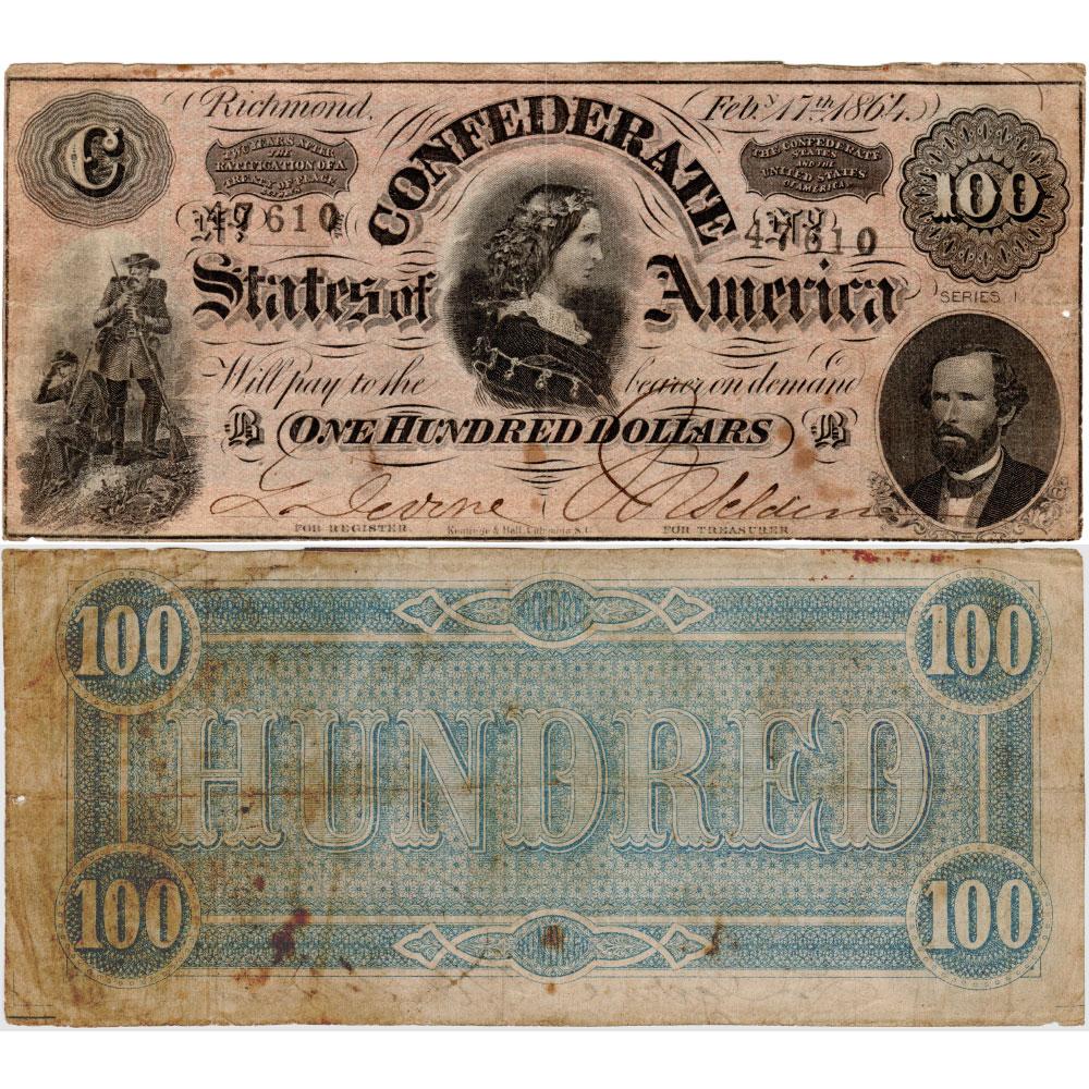 CONFEDERATE 100 Dollars 1864 store States America Note Type 65 Richmond