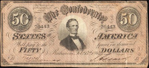 T-66 Feb. 17 1864 $50 Confederate States of America (C.S.A.) PF-3/Cr.497 - Very Fine