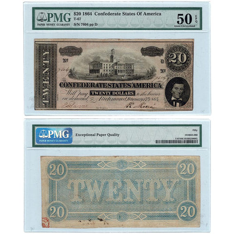 T-67 February 17th, 1864 $20 Confederate States of America Note - PMG AU 50 EPQ
