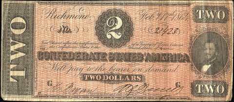 T-70 Feb. 17 1864 $2 Confederate States of America (C.S.A.) PF-1/Cr.569 - Very Fine