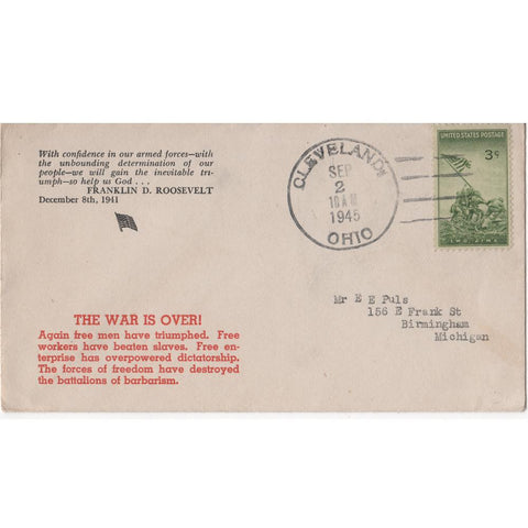 Sep. 2, 1945 "The War is Over!" WW2 Patriotic Cover