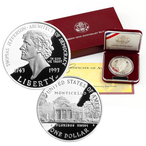 1993-S Thomas Jefferson Commemorative Proof Silver Dollar in OGP w/ COA