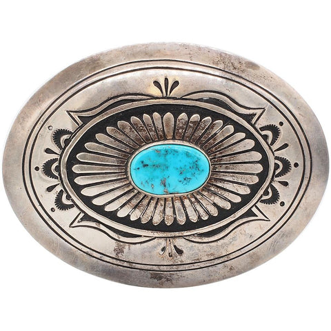Vintage Navajo Signed Sterling Silver Turquoise Belt Buckle