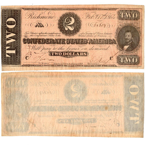 T-70 Feb. 17 1864 $2 Confederate States of America (C.S.A.)  - Extremely Fine