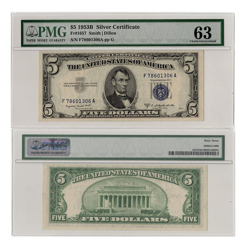 1953-B $5 Silver Certificate Fr. 1657- PMG 63 Choice Uncirculated