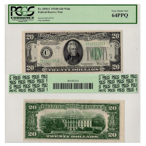 1934D $20 Wide Federal Reserve Note Fr. 2058-C - PCGS 64 PPQ