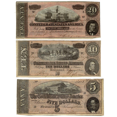 1864 Confederate States of America, $5, $10 & $20 Note Deal - VG-VF