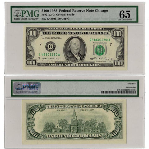 1988 $100 Federal Reserve Note Chicago Fr.2172-G- PMG 65 Gem Unc.