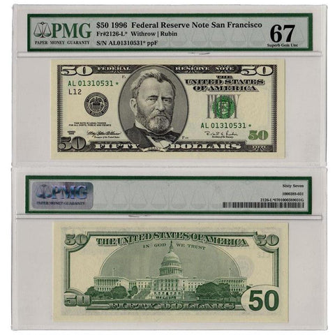 1996 $50 Federal Reserve Note San Francisco Fr. 2126-L*- PMG 67 Superb Gem Unc.