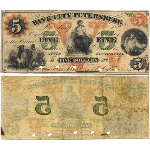 1861 $5 Bank of the City of Petersburg VA-160 G2b - Fine