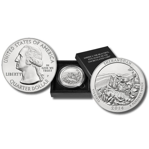 2014-P America The Beautiful Five Ounce Silver Virginia Shenandoah Uncirculated Coin w/ Box & C.O.A.