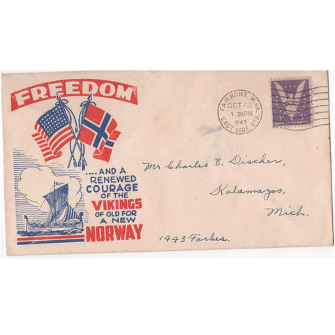 1943 "Freedom and a Renewed Courage of the Vikings of Old for a New Norway" WW2 Patriotic Cover