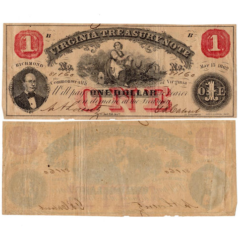 1862 $1 Virginia Treasury Notes Deal  ~ Fine/Very Fine or Better