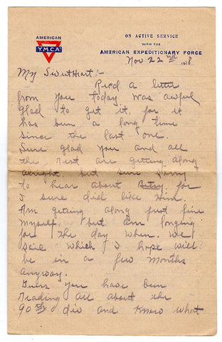 Nov. 22, 1918 - WW I American Expeditionary Forces Letter To Sweetheart (Battles Noted)