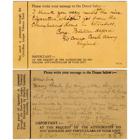 1938 & 1941 World War II Cigarette Thank You Postcards France & Windsor to Maine