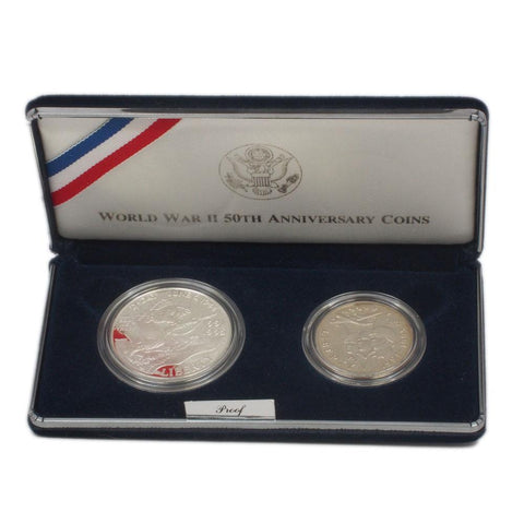 1995 World War II 50th Anniversary Silver 2-Coin Proof Set - Gem Proof in OGP w/ COA