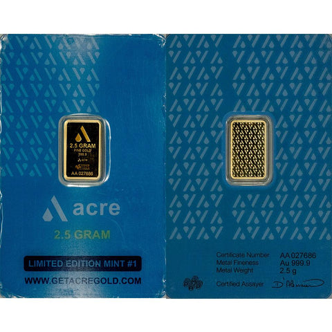 2.5 gram Acre .9999 Gold Bar in Assay Card