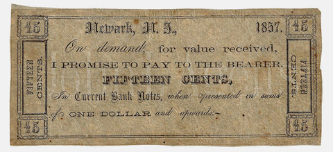 1857 15¢ John L. Agens Newark, NJ Unissued Scrip ~ Rare ~ Crisp Very Fine