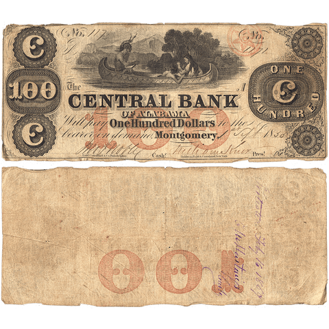 1855 $100 Central Bank of Alabama Montgomery AL-65-G22a - Fine
