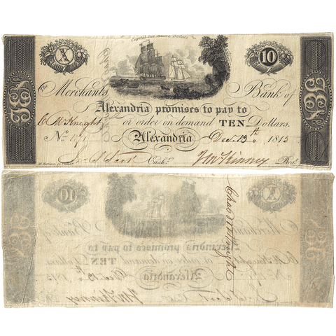 1815 Merchants Bank of Alexandria, D.C. $10 (Haxby DC-25 G24) ~ Crisp Very Fine