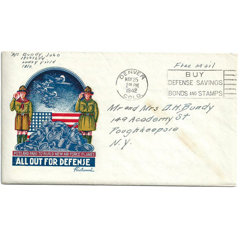 May 25, 1942 All Out For Defense Patriotic Cover Includes Letter to Mom & Dad