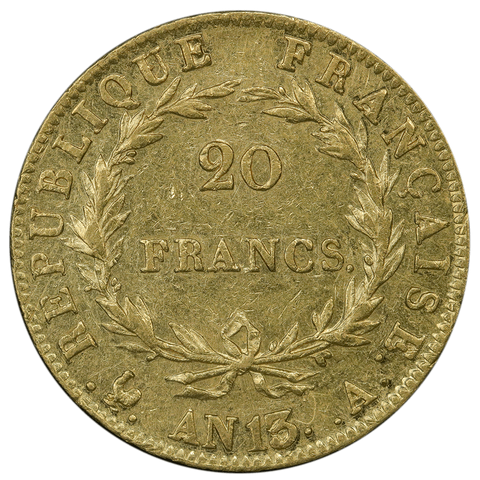 AN13 (1805) French Napoleon 20 Franc Gold Coin KM.663.1- F/VF