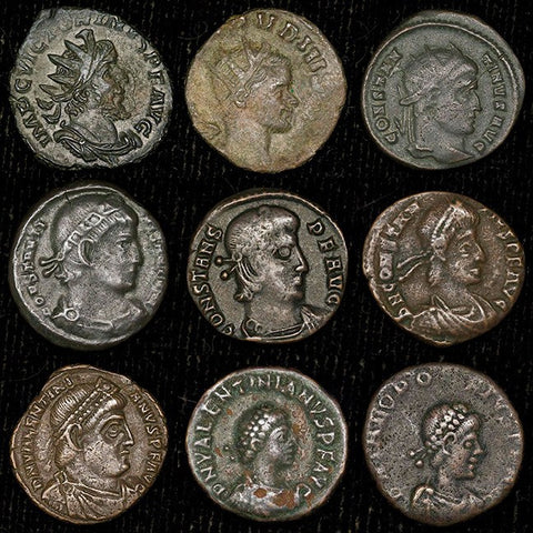 Nine Different Ancient Roman Bronze Coins in VF to XF