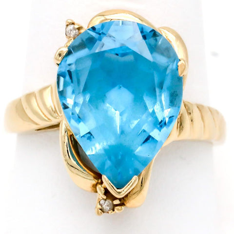 Magnificent 14K Gold Vibrant Pear Shaped 11.5 Carat Blue Topaz Ring - Size 10