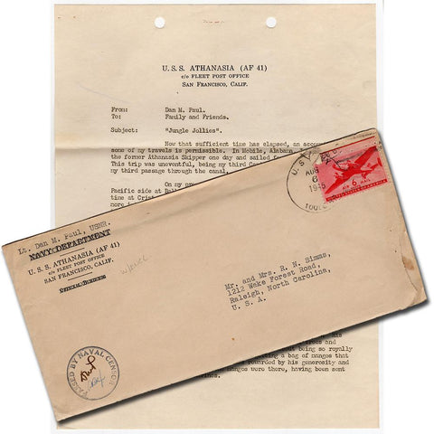 August 6, 1945 U.S.S. Athanasia Cover w/ 3 Page Letter (Hiroshima Date)