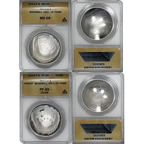 2014 D-S Baseball Hall of Fame Commemorative Silver Dollar Pair - ANACS MS 69/PF69