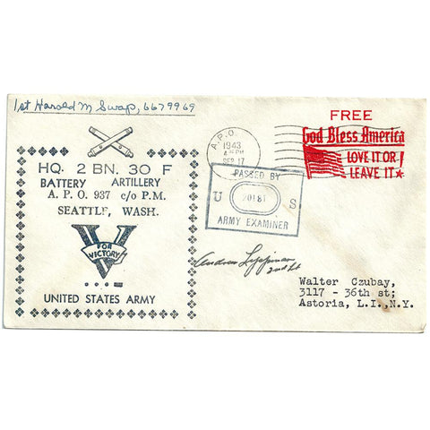 Sept 17, 1943 Battery Artillery Seattle WA Patriotic Cover Censored (To Czubay)