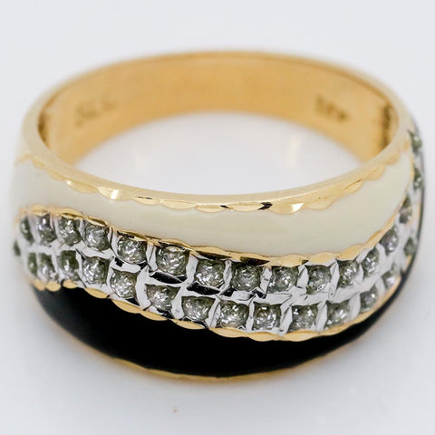 14K Gold Black & White Enamel Diamond Ring, Size 7