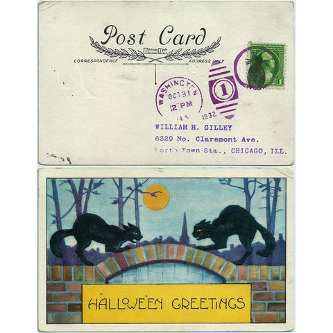 Oct 31, 1932 Fancy Black Cat Cancel on Halloween Postcard