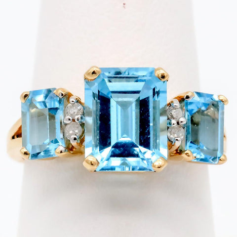 14K Gold 3 Stone Emerald Cut Blue Topaz & Diamond Ring 4.7 CTW - Size 6