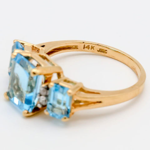 14K Gold 3 Stone Emerald Cut Blue Topaz & Diamond Ring 4.7 CTW - Size 6