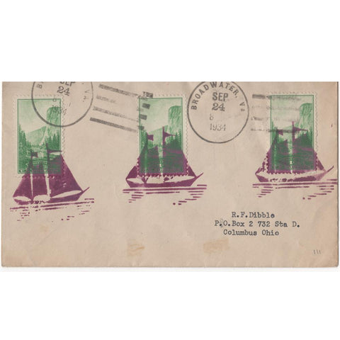 Sep. 24, 1934 Purple Sailboat Broadwater, VA Triple Fancy Cancel