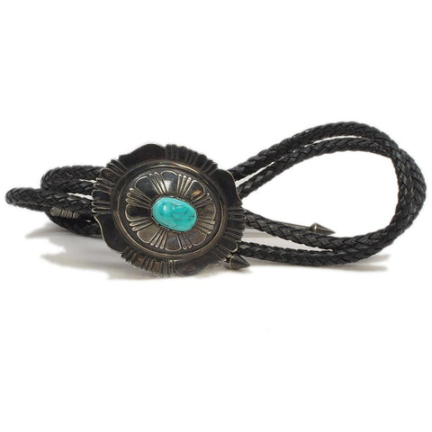 Vintage Thomas Singer Sterling Silver Turquoise Bolo Tie w/ Barrel Beads