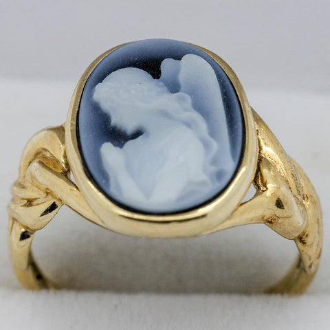 14K Gold Praying Angel Blue Cameo Ring - Size 7