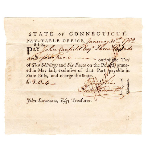 January 31, 1782 Connecticut Pay-Table £3 4p Note - Very Fine
