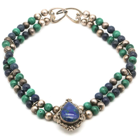 Vintage Carol Felley Sterling Silver Lapis Lazuli & Malachite Necklace- 16"