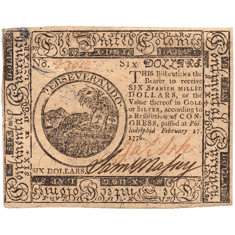 Continental Currency February 17, 1776 $6 CC-28 - Extremely Fine