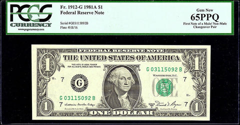 Mule/Non-mule Changeover Pair Fr. 1912-G $1 1981-A Federal Reserve Notes. PCGS Gem New 65PPQ.