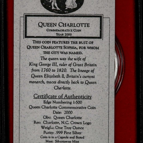 2000 Charlotte, NC  1 oz .999 Silver Commemorative Transit Token in Box w/ COA