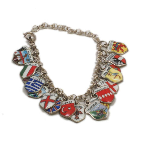 Vintage 800/Sterling Silver Enamel Shield Travel Flag Charm Bracelet